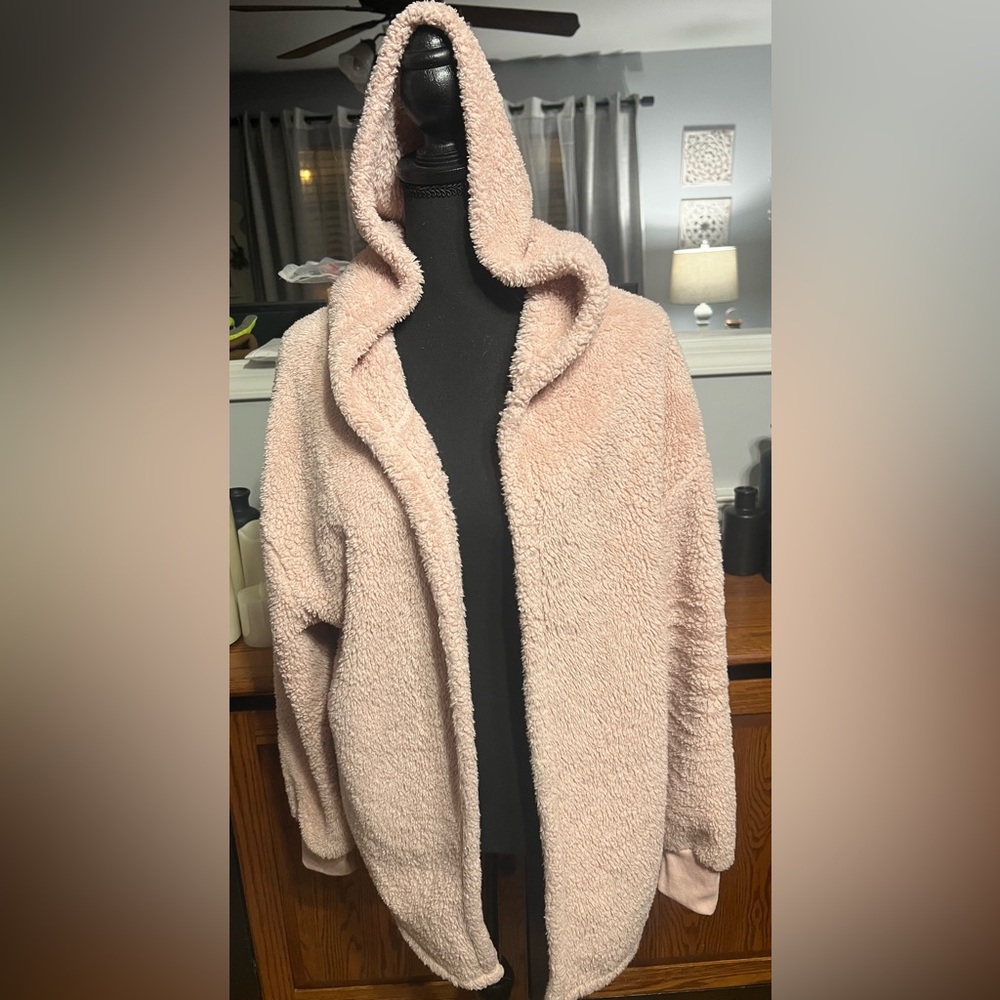 Sherpa like,  Fleece Women’s Open Front Hooded Cardigan